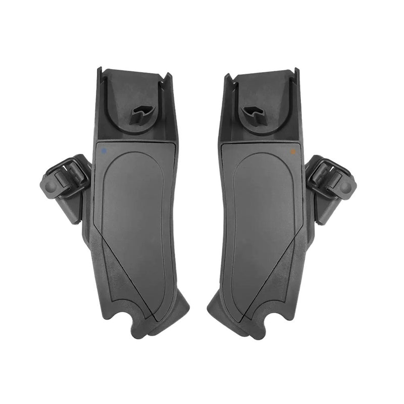 Pair of black plastic UPPAbaby adapter clips with angular design, color dot markers (blue, orange), compatible with Cruz V2 and Vista V2/V3 strollers or for Maxi-Cosi lower infant car seat attachment.