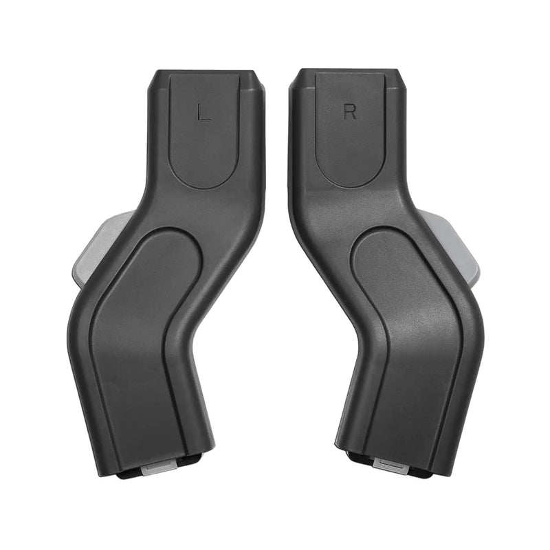 Two black plastic UPPAbaby Adaptor pieces for Cruz V2,V3 and Vista V2,V3/Maxi Cosi Upper, labeled "L" and "R" with curved shapes and metal connectors, are shown side by side on a white background as an infant car seat adapter.
