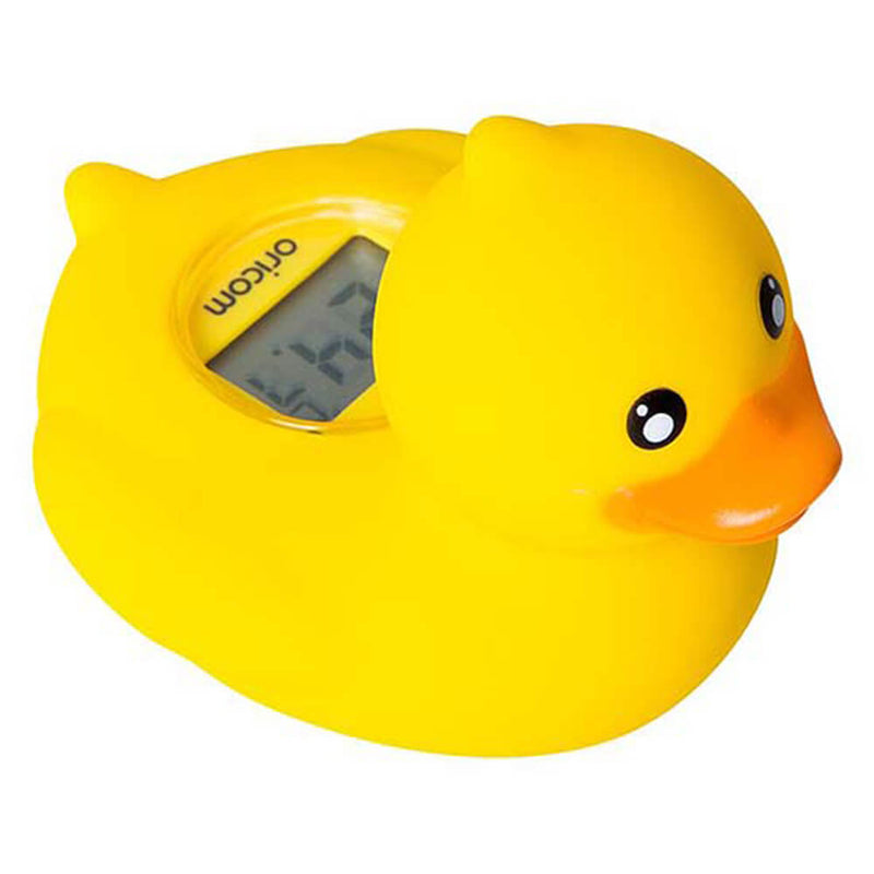 The Oricom Bath Thermometer is a yellow rubber duck with a digital display showing numbers and the "Oricom" logo, perfect for easily monitoring your baby’s bath temperature.