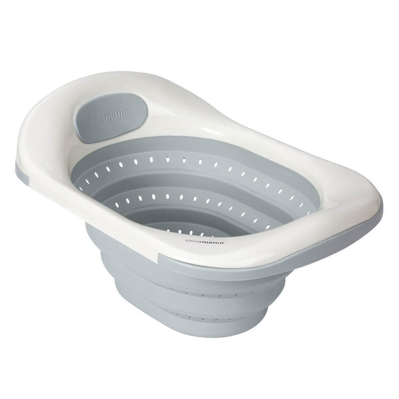 The ClevaMama ClevaBath by Clevamama is a gray and white collapsible baby bath with a contoured shape, drainage holes, and sturdy rim for comfort and support during bath time.
