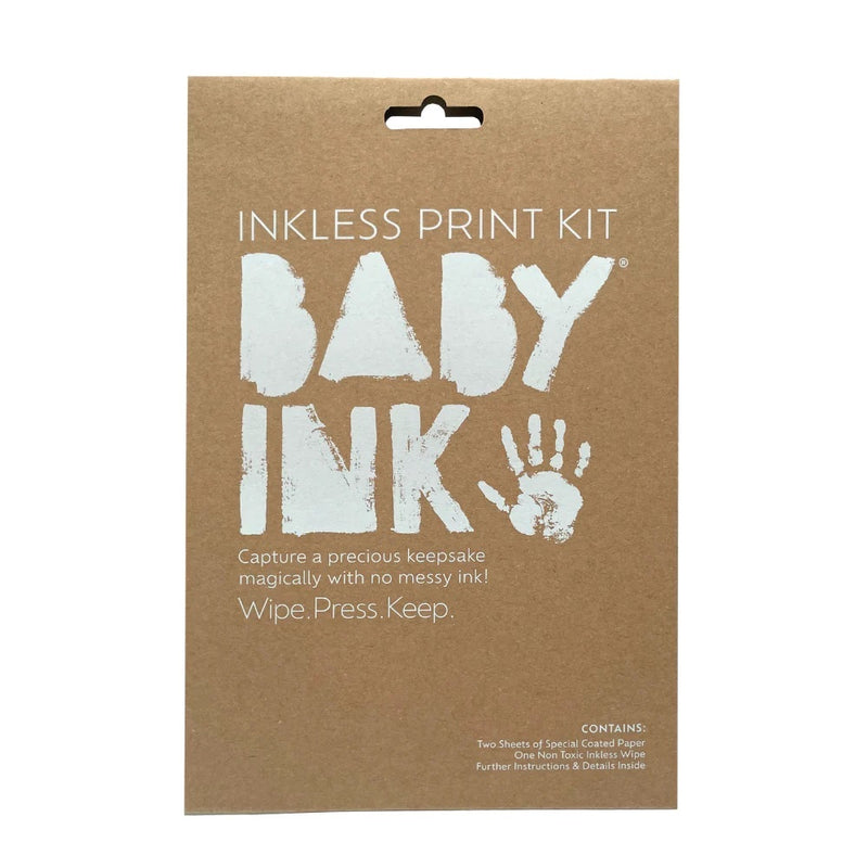 A brown cardboard package labeled "Babyink Inkless Print Kit" by Babyink features a white handprint graphic. Capture your baby’s precious keepsake—just wipe, press, and keep with this mess-free inkless kit!.