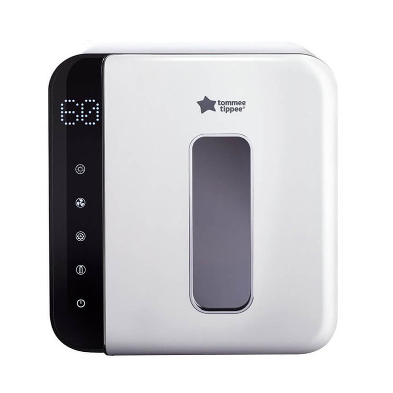 The Tommee Tippee UV Steriliser & Dryer is a white unit with a digital display showing "60," touch controls on a black side panel, and a rectangular window in the center of the front door.