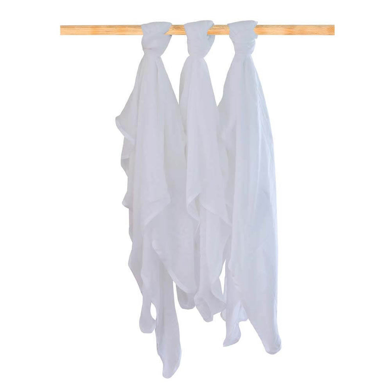 Three Bubba Blue Bamboo Muslin Wraps in white (3pk) are draped and knotted over a wooden rod, hanging loosely against a plain white background.