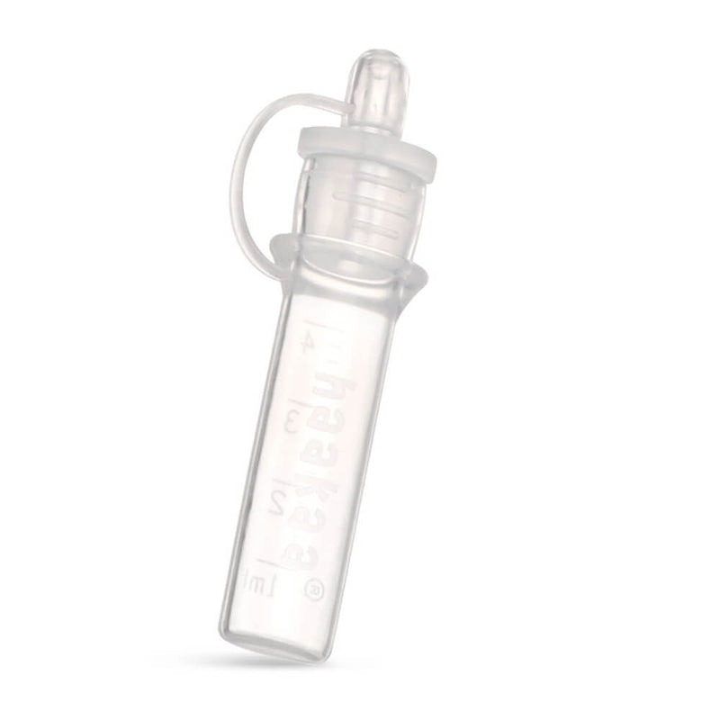 The Haakaa Silicone Colostrum Collector Set Pre Sterilised - 6 Pack features clear medical grade silicone collectors with nipple-like tops, sealing caps on loops, measurement markings, and upright design. Brand: Haakaa.