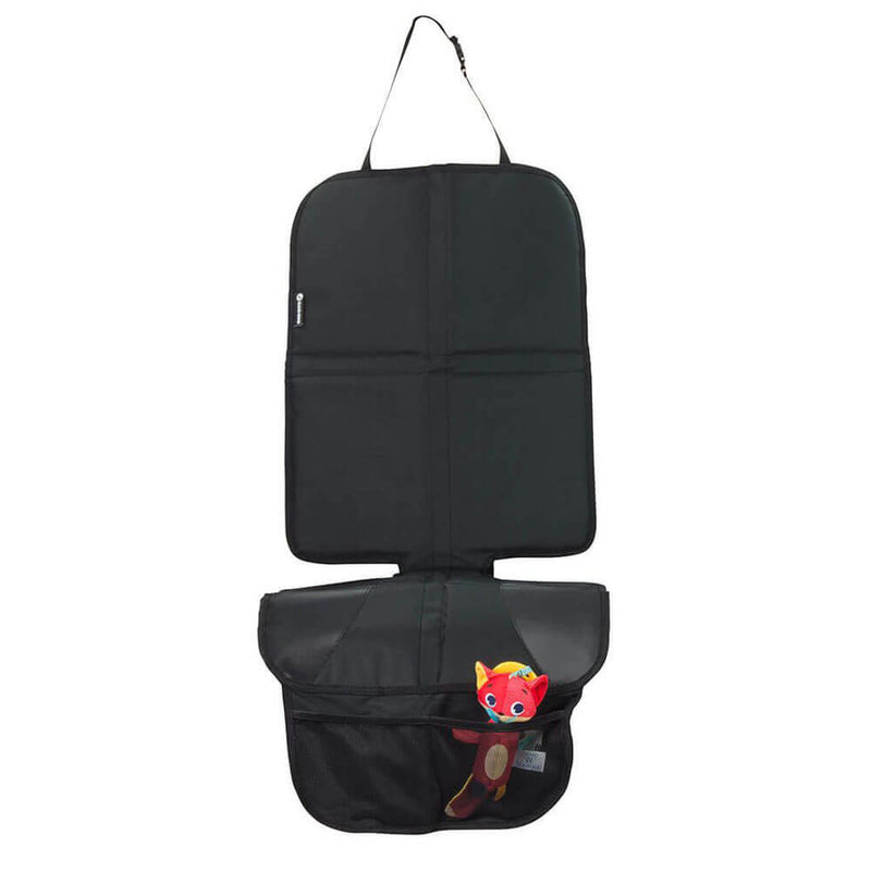 The Maxi Cosi Car Seat Protector by Maxi Cosi, shown in black with a mesh pocket storing a colorful fox plush toy, hangs by its strap against a white background—ideal for protecting your car’s upholstery.