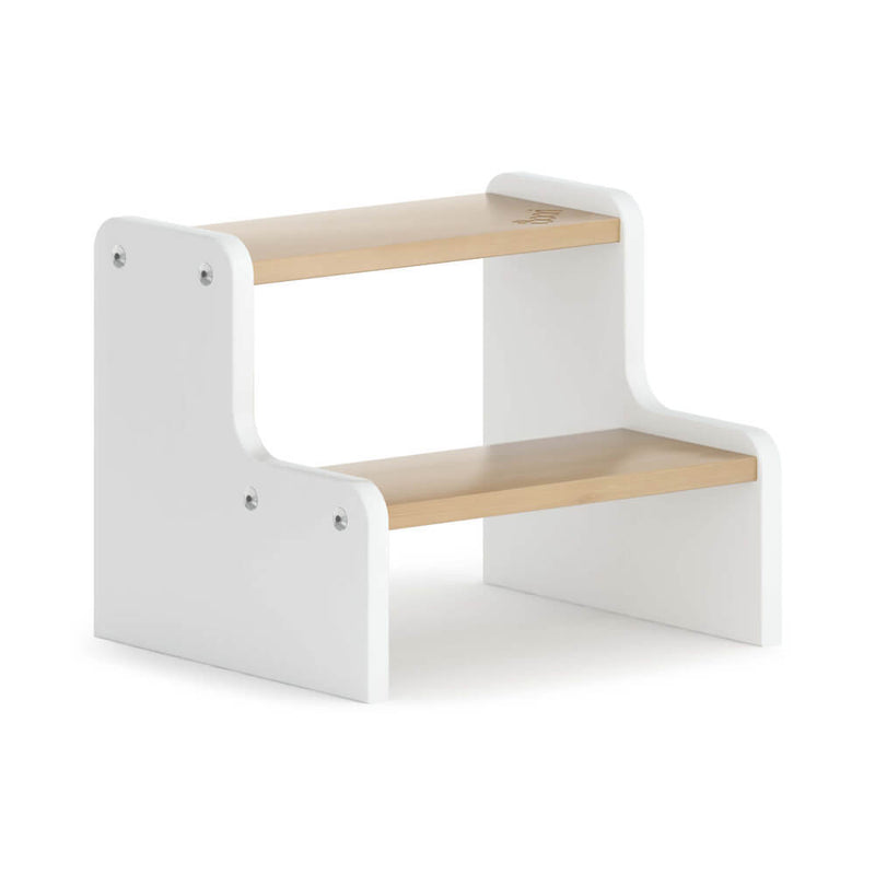 The Boori Tidy Foot Stool by Boori is a compact two-step solid wood stool with white sides and natural steps, ideal as nursery furniture or for children's use at home.