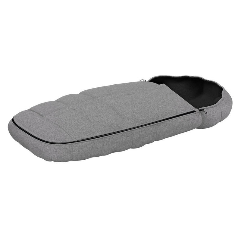 The Thule Footmuff by Thule is a gray, padded sleeping bag featuring an insulated fleece liner and black inner lining, shown partially unzipped and laid flat on a white background.