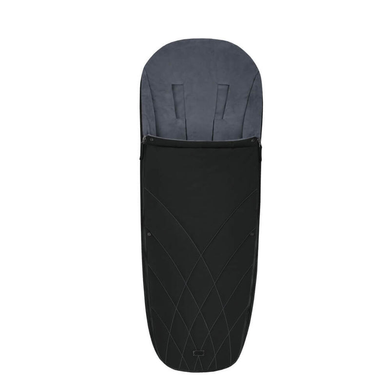 The Cybex Platinum Footmuff by Cybex is black and grey with a curved stitched front, soft fleece lining, and two vertical harness strap slits on the backrest.