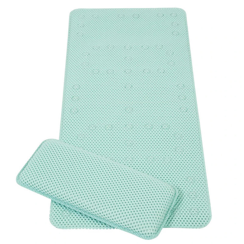 The Clevamama ClevaMama Bath Mat & Kneeling Cushion is a light blue, non-slip mat with a dotted surface and matching rectangular pillow, providing extra grip and comfort during baby bath time.