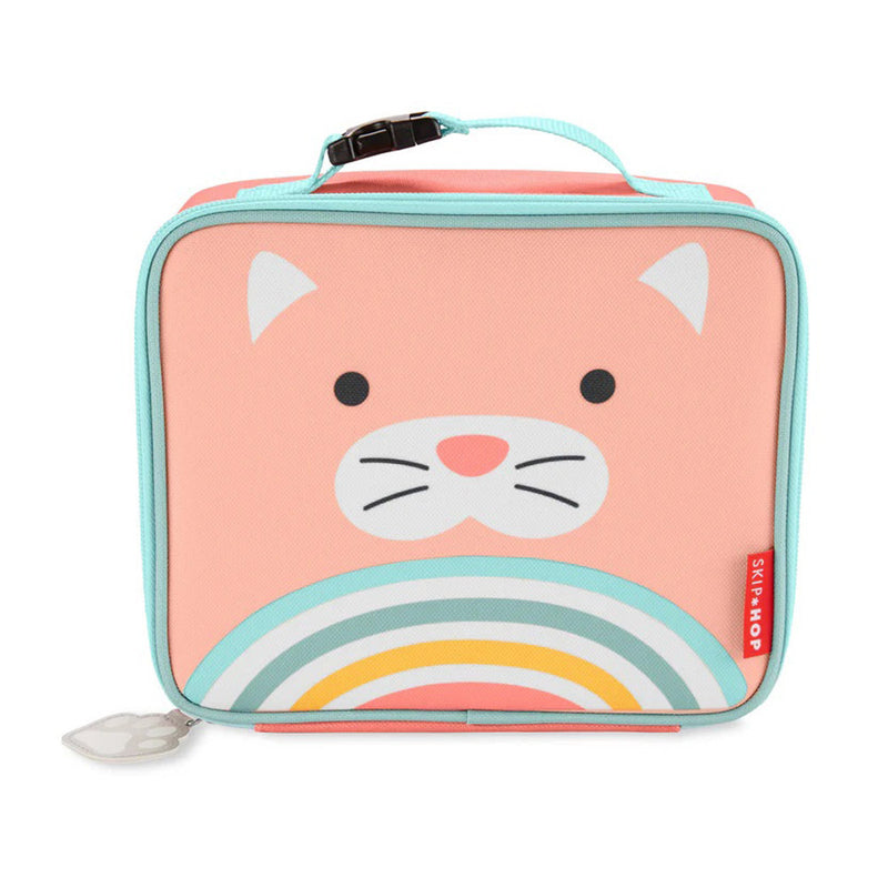 The Skip Hop Zoo Lunch Bag by Skip Hop is a rectangular insulated kids' lunch bag with a pastel pink cat face, teal edges and handle, a rainbow bottom, and a paw-shaped zipper pull. Part of the Zoo collection.