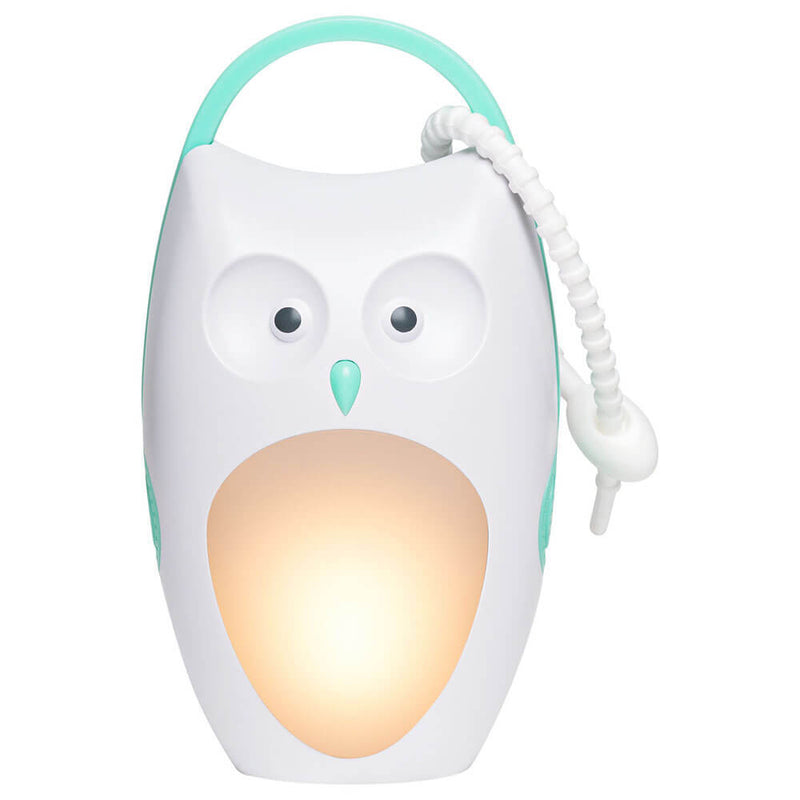 The Oricom Portable Sound Soother With Nightlight Owl features a white and teal design, glowing belly, handle, and flexible side cord—ideal as a baby sleep aid for peaceful nights.