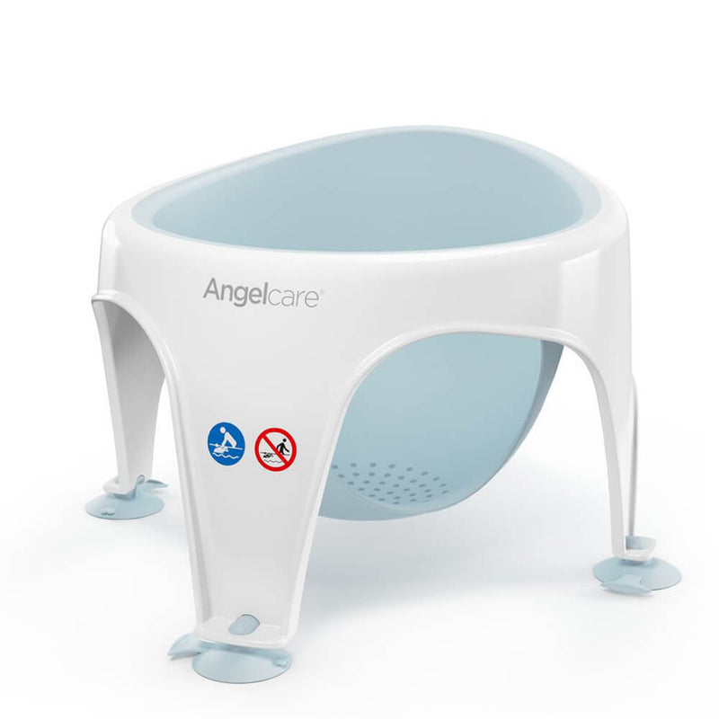 The Angelcare Baby Bath Seat is white and light blue with four suction feet, a mould-resistant ergonomic design, the "Angelcare" brand on the side, and safety plus water symbols displayed on the front.