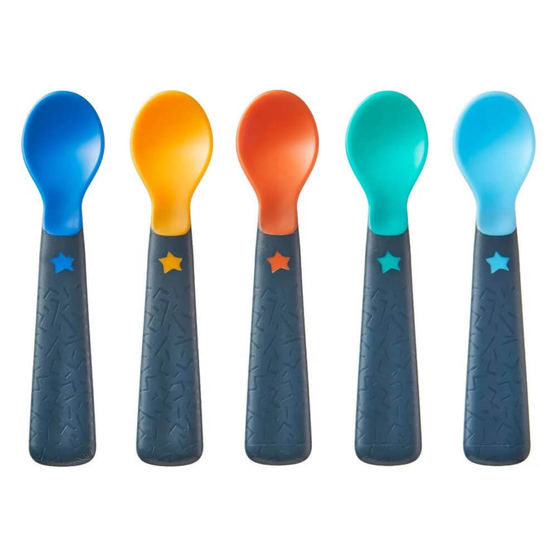 Tommee Tippee Easigrip Self Feeding Spoons by Tommee Tippee: five spoons with dark blue handles and star details. Spoon heads are blue, yellow, orange, teal, and light blue, shown side by side on a white background.