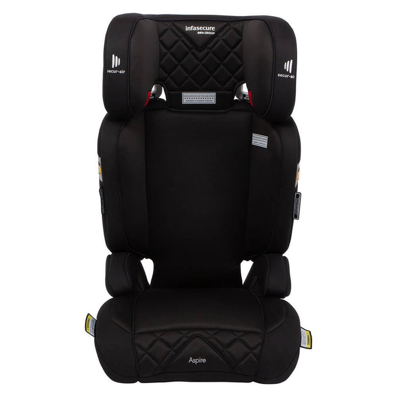 A front view of the Infasecure Aspire More by InfaSecure—a black, high-back child booster seat with quilted stitching, side head protection, and adjustable headrest—ideal for children in the Australian market.