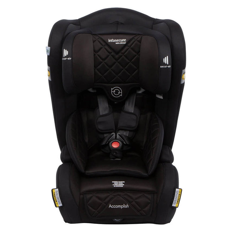 A black InfaSecure Accomplish More forward-facing child safety seat with quilted padding, a five-point harness, and secure-air side impact protection is shown from the front on a white background.