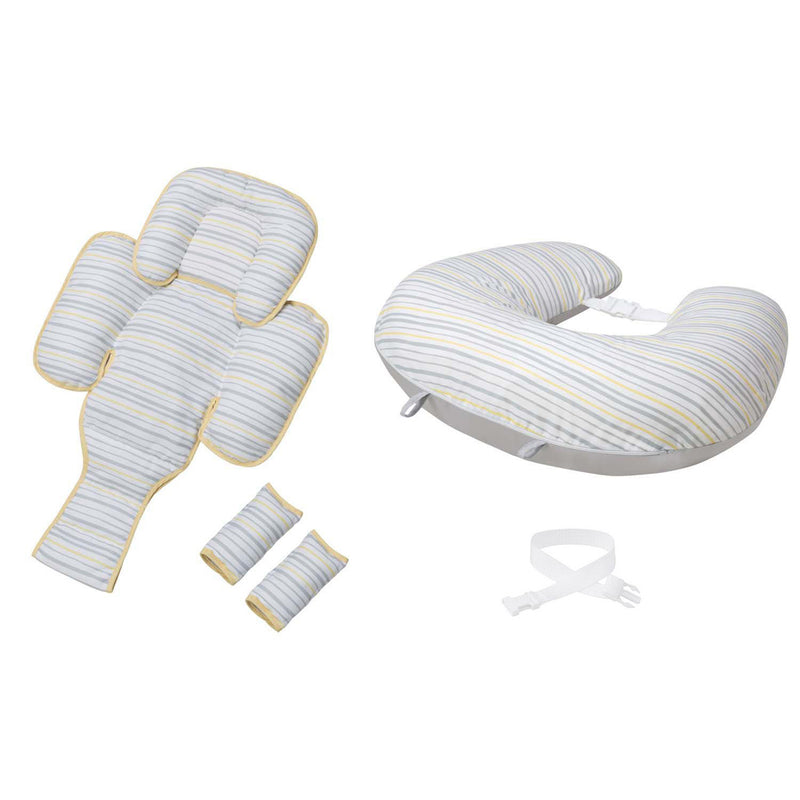 The Clevamama ClevaMama Nursing Pillow & Baby Nest features gray, yellow, and white stripes, a ClevaFoam padded insert, two small cushions, a U-shaped nursing pillow, and an adjustable white strap with buckles on a white background.