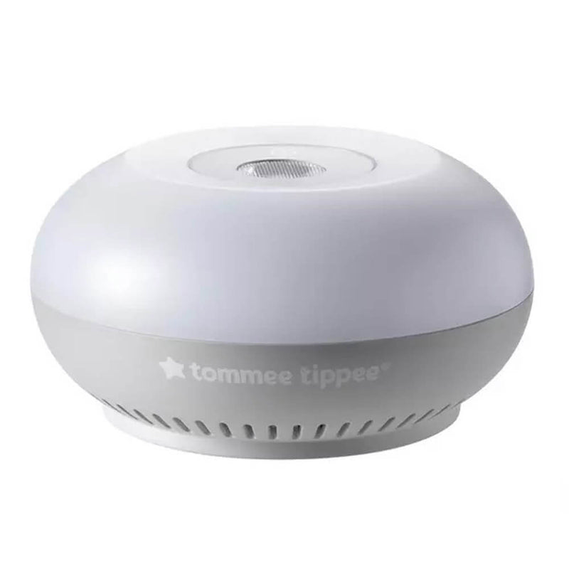 The Gro Company Tommee Tippee Dreammaker Baby Sleep Aid is a white and gray, round device with a vented base that uses pink noise to help soothe babies to sleep, shown on a white background.