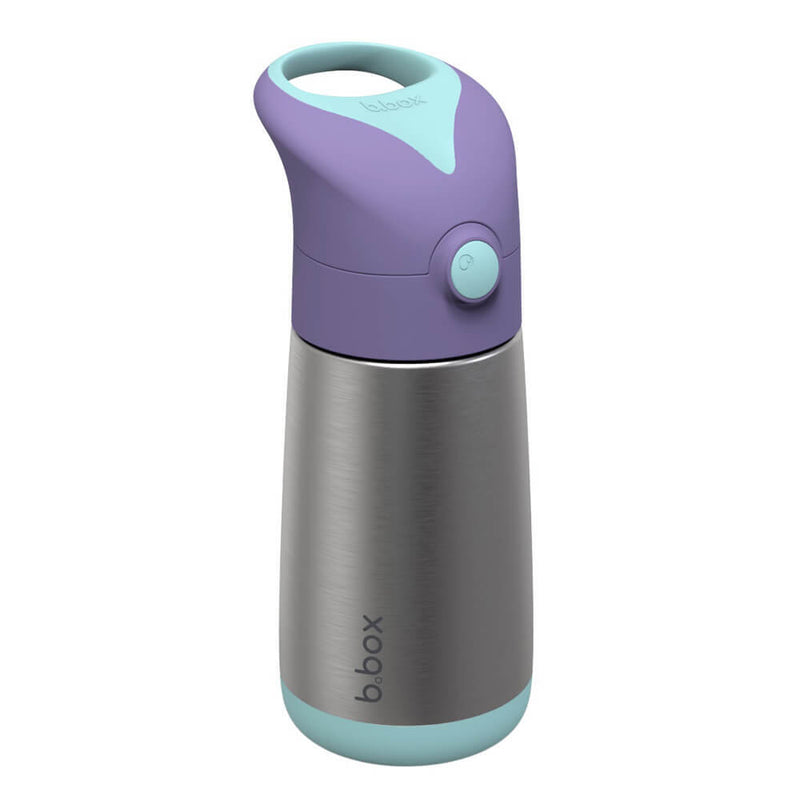 The b.box Insulated Drink Bottle is a stainless steel kids bottle with a purple and teal lid, flip-top button, silicone straw, teal base, integrated handle, and “b.box” branding—ideal for keeping kids’ drinks insulated.