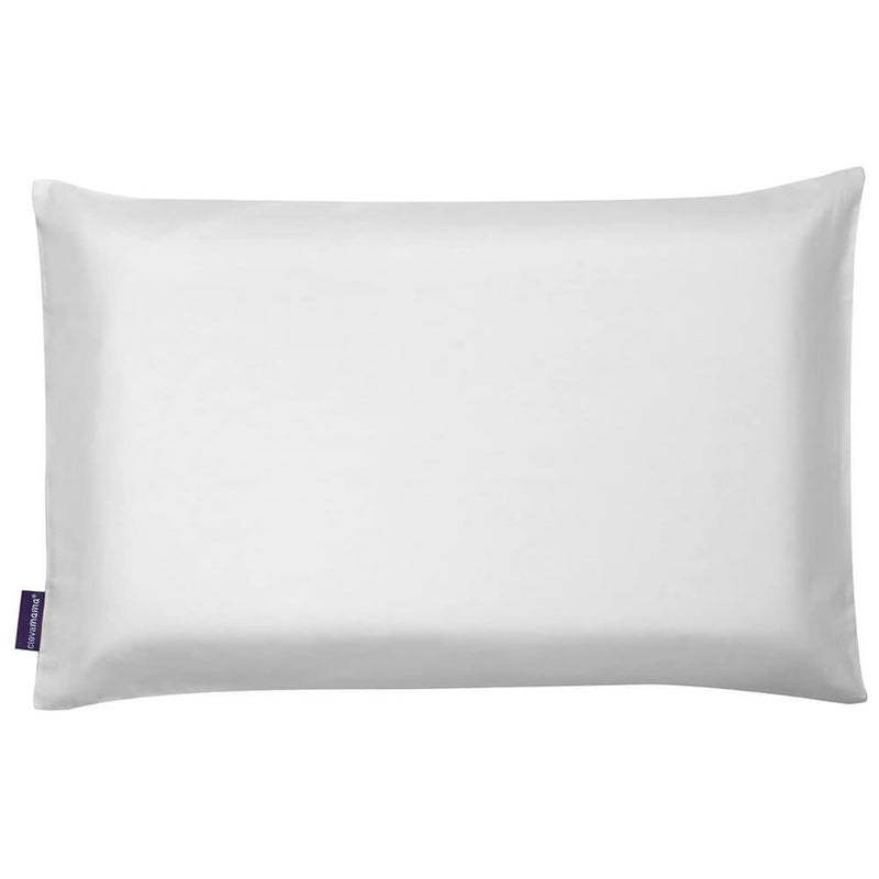 The Clevamama ClevaFoam Pillowcase is a plain white rectangular pillowcase made of smooth cotton, displayed on a white background with a small dark tag on its side.