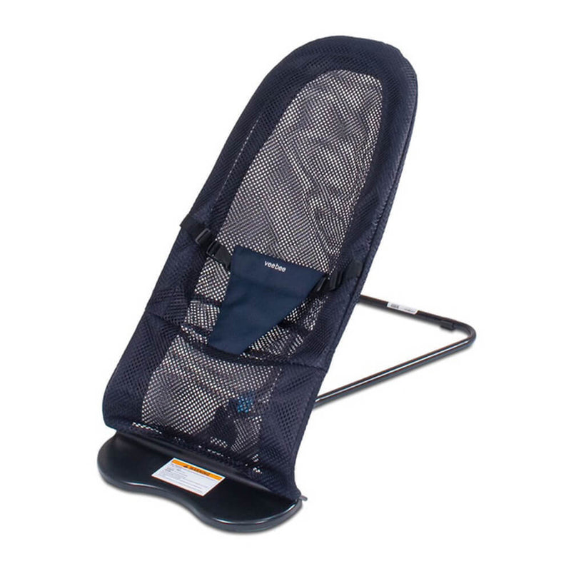 The Vee Bee Minder Bouncer Mesh by Vee Bee features a black mesh seat, sturdy metal frame, support base, and an adjustable fabric harness for secure comfort—making it an ideal newborn bouncer for safety.
