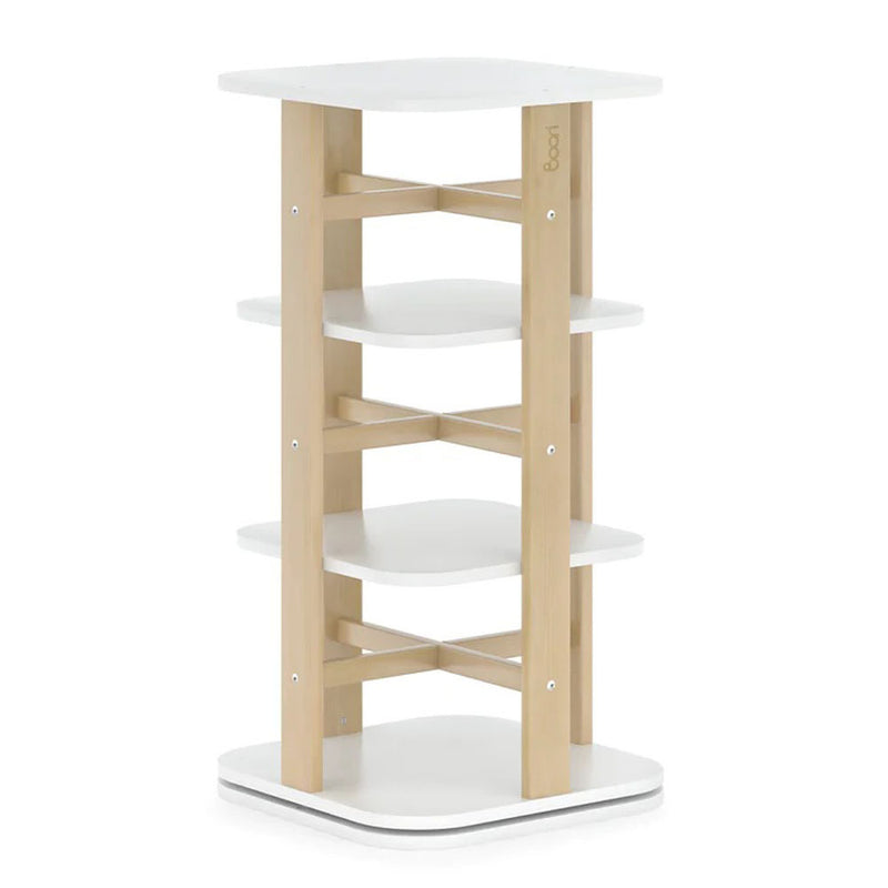 The Boori Tidy Rotating Bookshelf by Boori features four open shelves with light wood supports and a white base and top, making it ideal for children's book storage or displaying favorite items in any room.