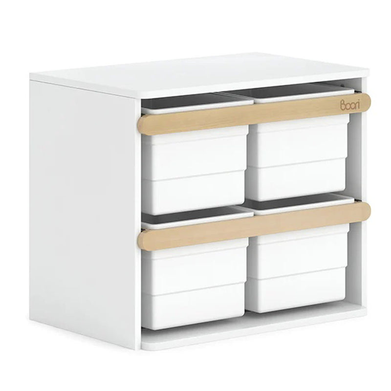 The Boori Tidy Toy Cabinet by Boori is a white children's storage unit with four removable tubs in two rows, divided by wooden bars, ideal for organizing toys in bedrooms and featuring a small label on the top right corner.