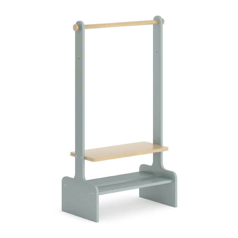 The Boori Tidy Clothing Rack by Boori pairs perfectly with a light gray and natural wood adjustable standing learning tower for children, offering safety with side rails and organized kids’ clothes storage.