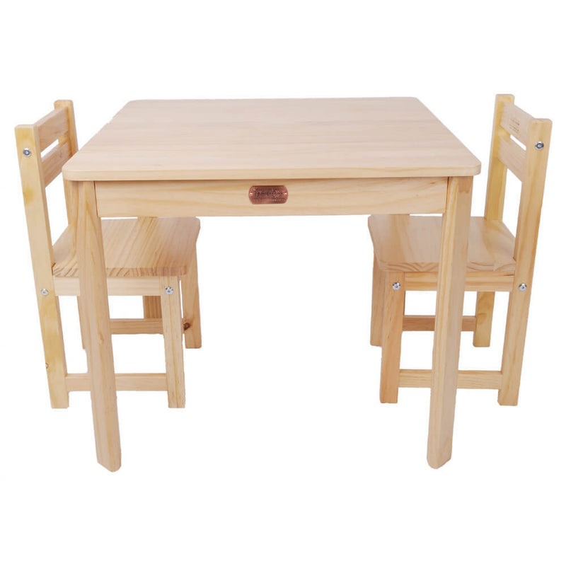 The Tikk Tokk Little Boss Kids Table & Chairs Set Square by Tikk Tokk is a simple, sturdy solid timber set with a light finish, featuring a square table and two matching chairs thoughtfully designed for children.