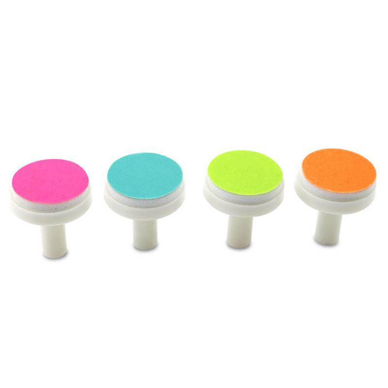 Four round white Haakaa Baby Nail Care Set Replacement Pads with pink, blue, green, and orange tops are lined up in a row on a white background—ideal for your Haakaa nail care needs.