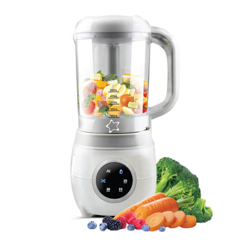 The Cherub Baby 4-in-1 Baby Food Maker & Steriliser by Cherub Baby, in white with a digital display, is filled with chopped fruits and veggies. Sliced carrots, broccoli, blueberries, blackberries, and raspberries sit in front on a white background.