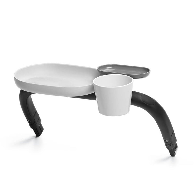 The Cybex Priam Snack Tray by Cybex features a large plate, small dish, and cup holder on two black curved arms—ideal for keeping snacks easily accessible while you're on the go.