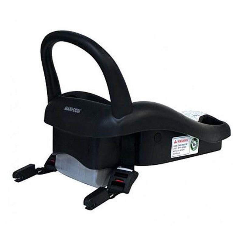 The Maxi Cosi Mico Plus Isofix Base features a black design with a curved handle, safety warning labels, and latch connectors for secure vehicle installation; compatible as an ISOFIX base for Maxi Cosi Mico Plus capsules.