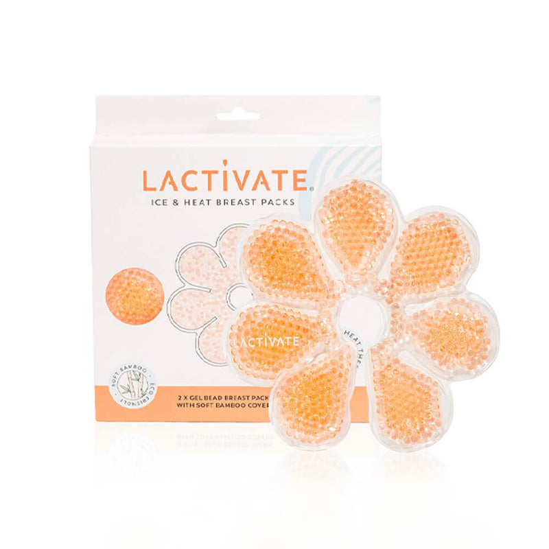 The Lactivate Ice & Heat Breast Packs, filled with orange gel beads in a flower shape, are shown in front of their Lactivate-branded packaging for mastitis relief.