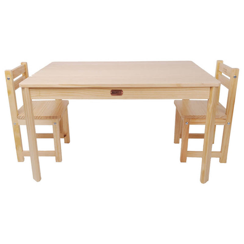 The Tikk Tokk Little Boss Kids Table & Chairs Set Rectangle by Tikk Tokk features a sturdy timber table with two matching wooden chairs, ideal for kids’ arts and crafts, pictured against a plain white background.