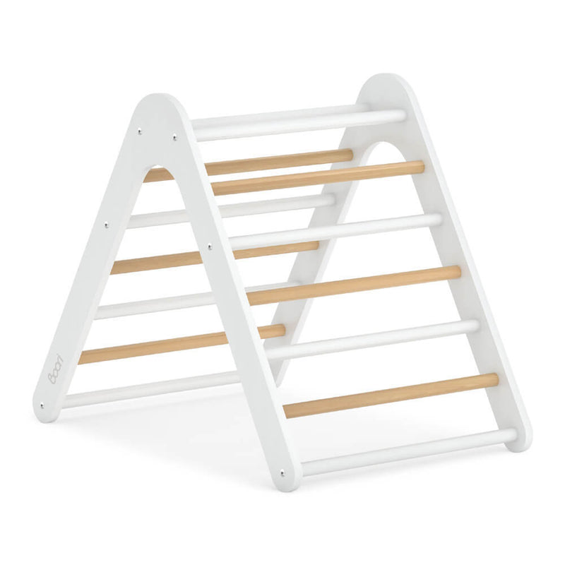 The Boori Tidy Climbing Triangle in Barley/Almond, by Boori, features white sides and natural wood rungs—perfect for young children to climb and play indoors while supporting motor skills development.