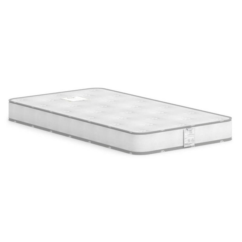 The Boori Rolled Pocket Spring Mattress, twin-size, features a white quilted top and gray sides. Shown new on a plain white background, it is photographed from a slightly elevated angle. Brand: Boori.