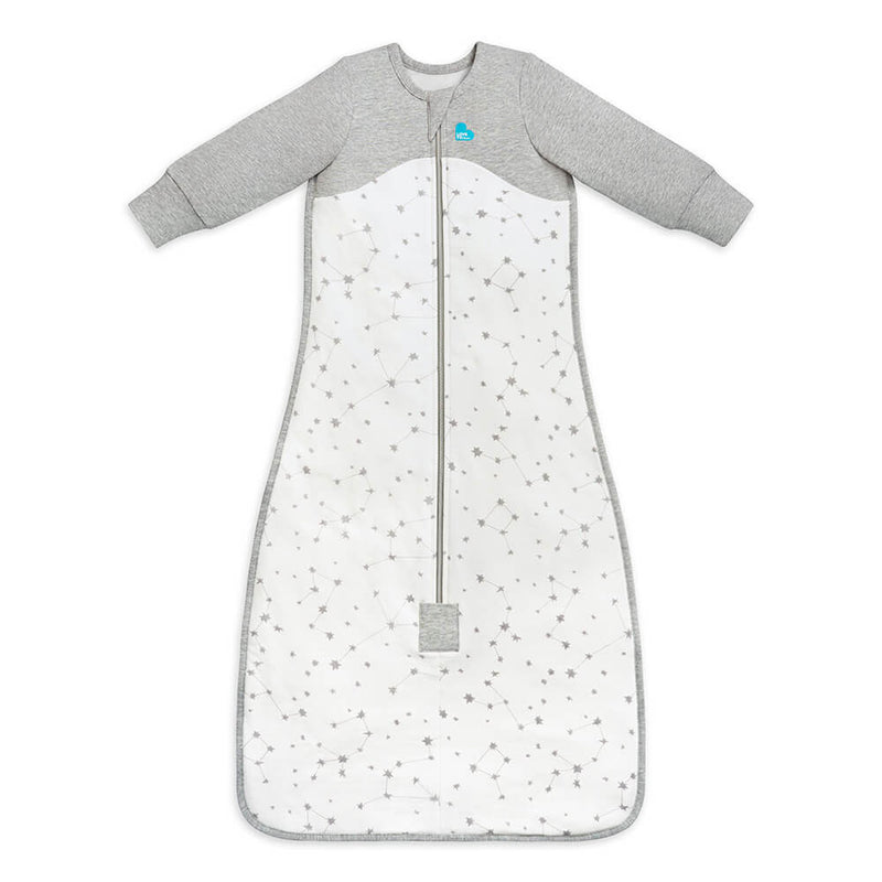 The Love To Dream Organic Cotton Long Sleeve Sleep Bag 1 Tog by Love To Dream features solid gray long sleeves and top, a white body with constellation patterns, and a front zipper for cozy baby sleep.