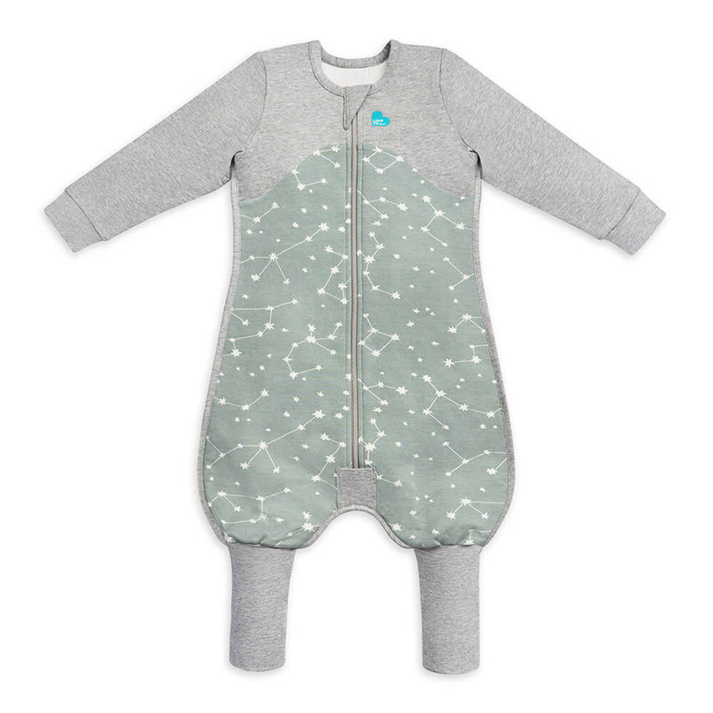 The Love To Dream Organic Sleep Suit Long Sleeve 1 Tog features soft organic cotton in grey and light green with constellation patterns, a zip-up front, fold-over cuffs, and long sleeves—ideal as a wearable blanket for restful nights.