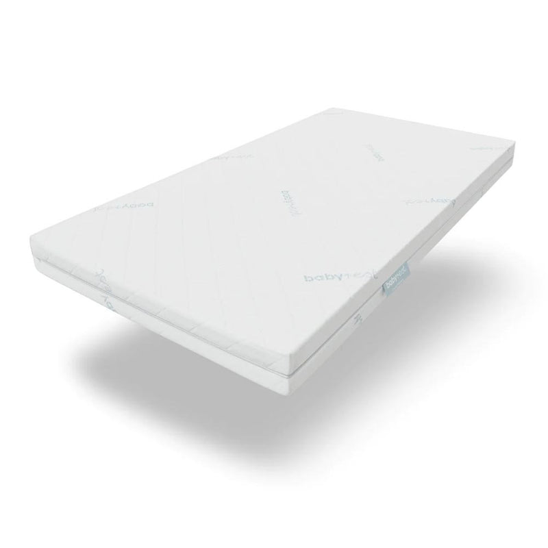 The BabyRest ComfiCore Cot Mattress In A Box by BabyRest is a white, rectangular cot mattress with a smooth, clean surface and subtle cover detail—an ideal foam core mattress for your baby's comfort.