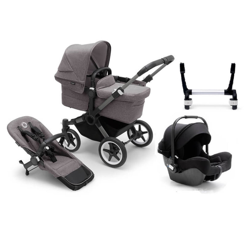 A Bugaboo Donkey 5 Mono Pram + Bugaboo Turtle Capsule Bundle by Bugaboo, featuring a grey pram with bassinet on frame, separate reclining seat, car seat, and black and white adapter shown on a white background.