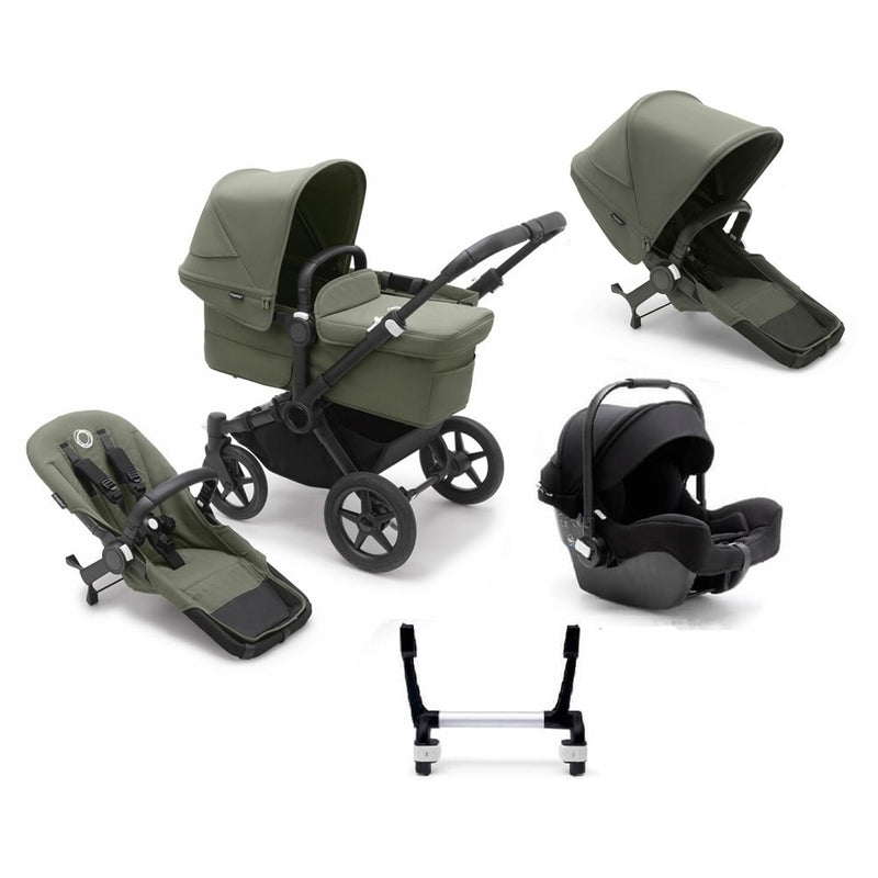 The Bugaboo Donkey 5 Duo Pram + Bugaboo Turtle Capsule Bundle by Bugaboo is shown with a bassinet, stroller seat, car seat, and toddler seat on a wheeled base, highlighting its versatility as a double pram against a white background.