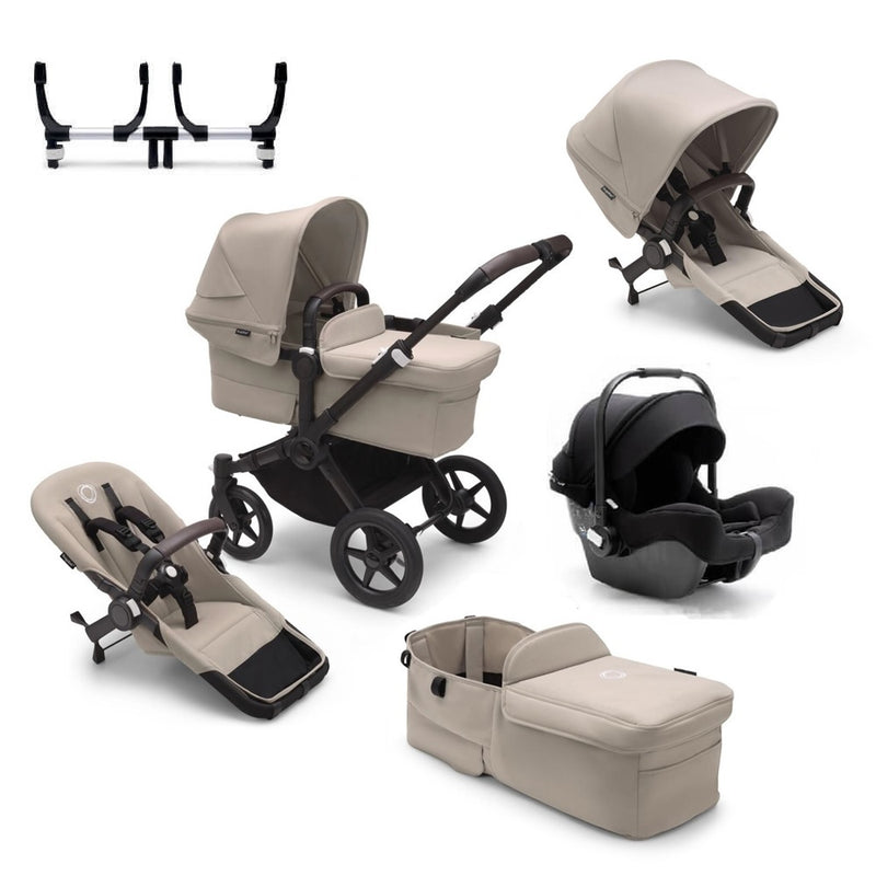 The Bugaboo Donkey 5 Twin Pram + Bugaboo Turtle Capsule Bundle by Bugaboo includes a stroller frame, bassinet, infant car seat, adapters, toddler seat, and storage bag—arranged separately on white. Ideal as a versatile double pram option.