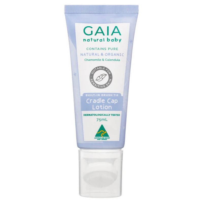 The Gaia Natural Baby Cradle Cap Lotion 75ml by Gaia features a built-in brush tip for gentle cradle cap treatment. Dermatologically tested, this natural baby lotion comes in a blue and white design.