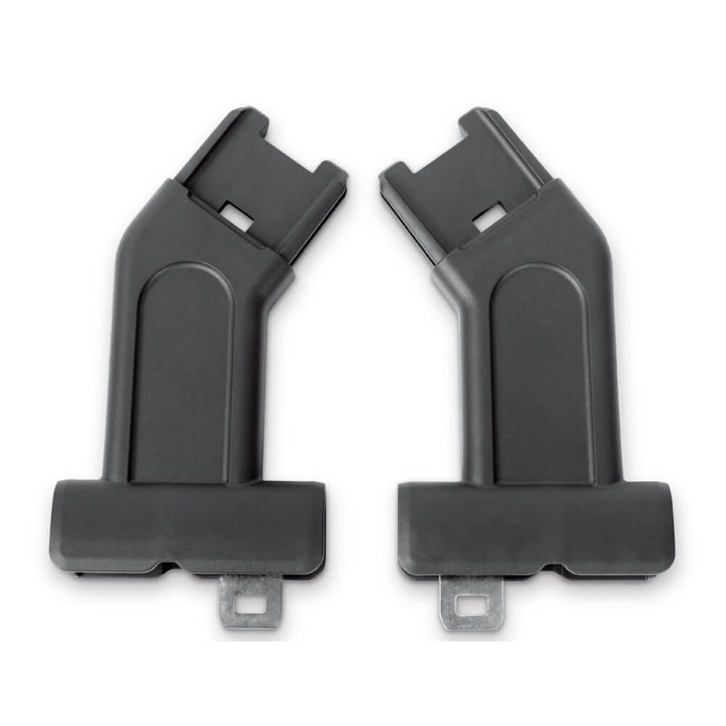 Two black plastic and metal UPPAbaby Ridge Bassinet Adapters with rectangular bases and notched tops, designed for the UPPAbaby RIDGE stroller, are shown side by side on a white background.
