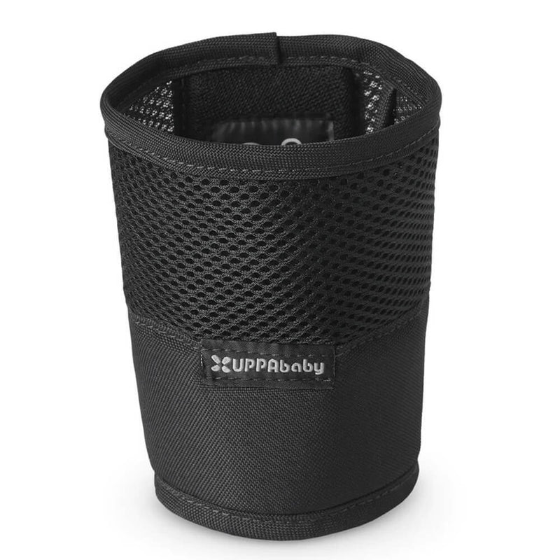 The UPPAbaby Ridge Cup Holder is a black mesh and fabric stroller accessory with the UPPAbaby logo, designed to securely hold drinks on strollers or prams.