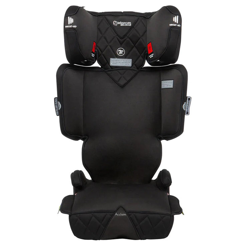 The InfaSecure Acclaim More Booster Seat by InfaSecure is black with quilted detailing, armrests, side head protection, and an adjustable headrest. It features visible safety instructions and is upholstered in breathable Active Bamboo fabric.
