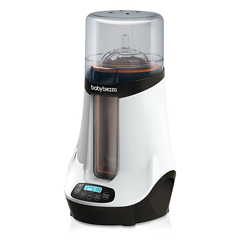 The Baby Brezza Safe & Smart Bottle Warmer, shown here with a bottle inside, features a white and black design with a transparent lid, digital display, and front control buttons—ideal for warming bottles or breastmilk.