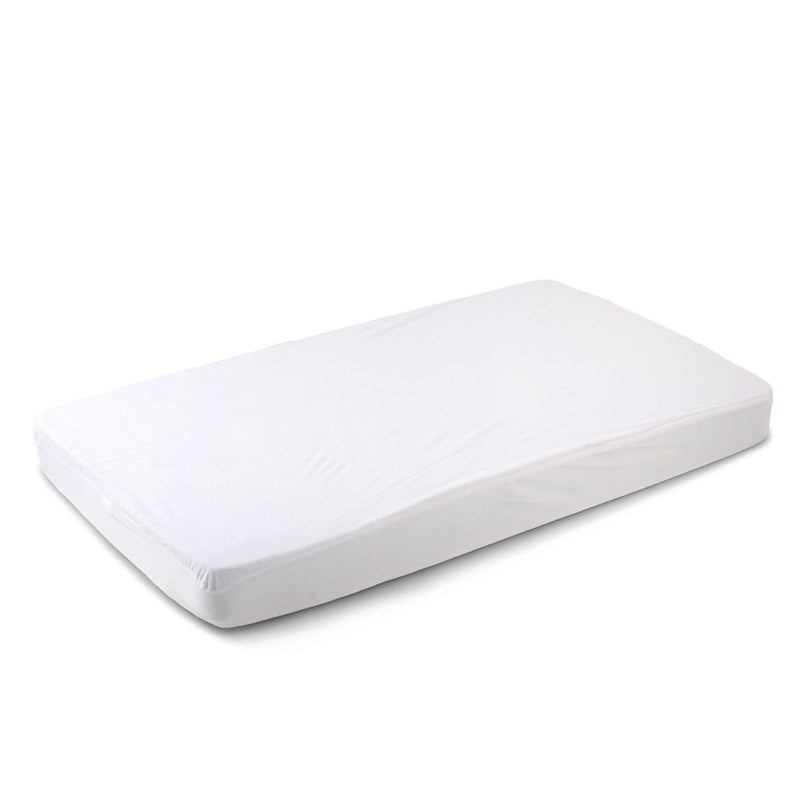 The BabyRest Cot Mattress Protector by BabyRest is displayed against a white background. Rectangular in shape with smooth edges, it features a fitted cover that may include a waterproof membrane for extra protection.