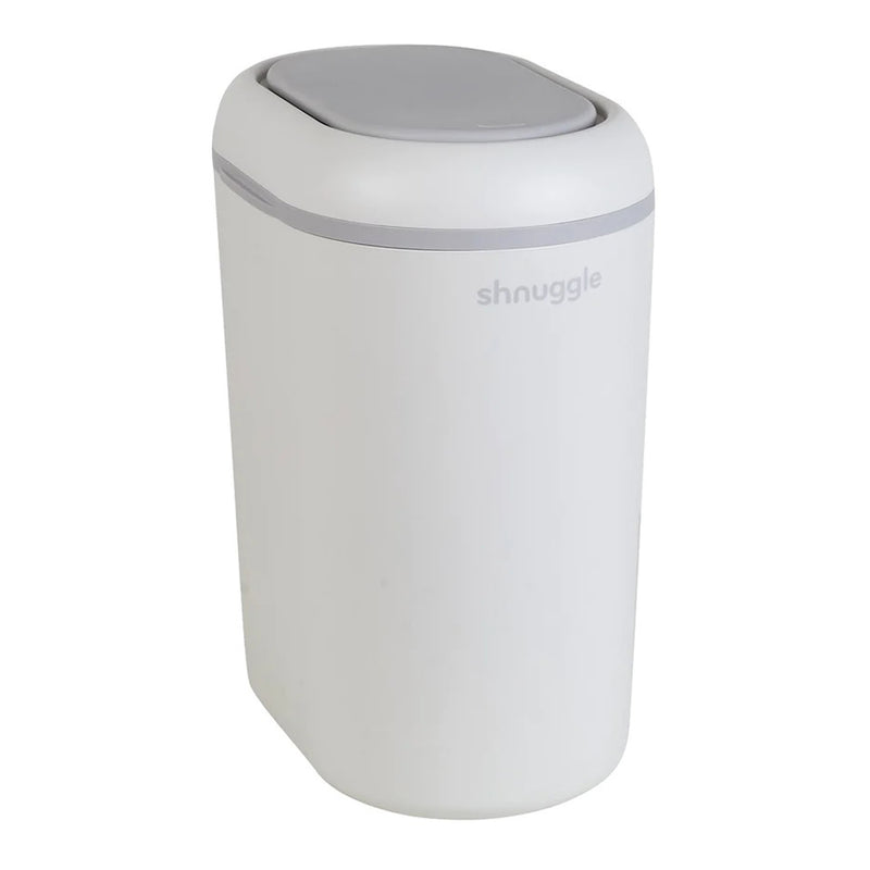 The Shnuggle Eco-Touch Nappy Bin is a white and light gray rectangular bin with a rounded lid, an odour-locking design, and the Shnuggle brand name on the side.