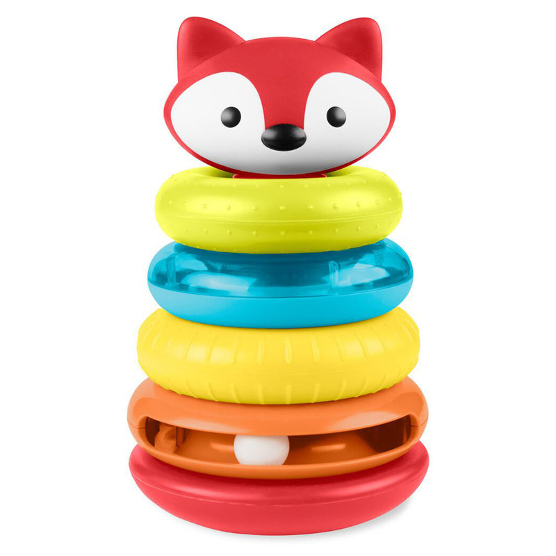 The Skip Hop Explore & More Fox Stacking Toy by Skip Hop features a red fox head and four textured rings in blue, yellow, orange, and red—ideal for helping babies develop fine motor skills as they stack each ring on the sturdy base.